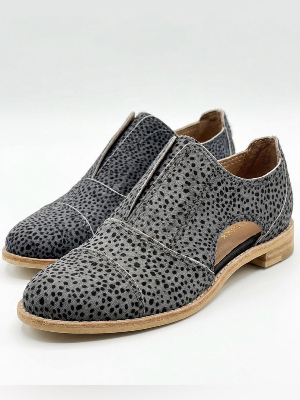 ALL BLACK Anthropologie Cutout Cowman Oxford Shoes 38 Cow Print Calf Hair